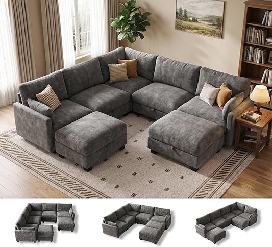 Modular Sectional V Shaped Sofa Couches for Living Room, Cloud Couch with Storage Ottoman, Comfy Chenille Sofa with Pillow, Dark Gray