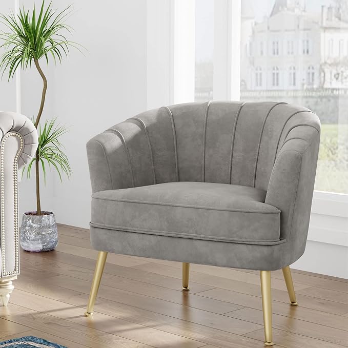 Andeworld Velvet Accent Chair, Upholstered Modern Single Sofa Side Chair,Comfy Barrel Club Living Room Armchair with Golden Metal Legs for Bedroom Living Reading Room Office, Grey