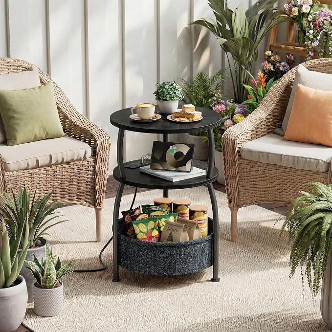 Round Side Table with Charging Station, USB Type C Port, Black | Round End Table with Basket for Living Room, Space Saving, Tall Night Stand for Bedroom Dorm,15.75in Metal and Wood, Rustic