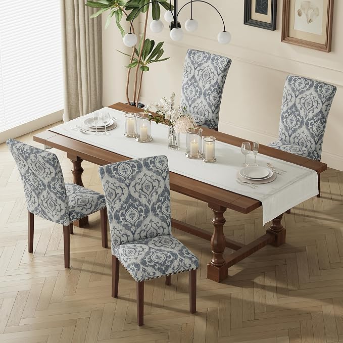 MALOL Dining Chairs Set of 6, High Back Dining Chair with Wood Legs and Nailhead Trim, Modern Padded Kitchen Room Chairs for Dining Room/Restaurant, White/Blue