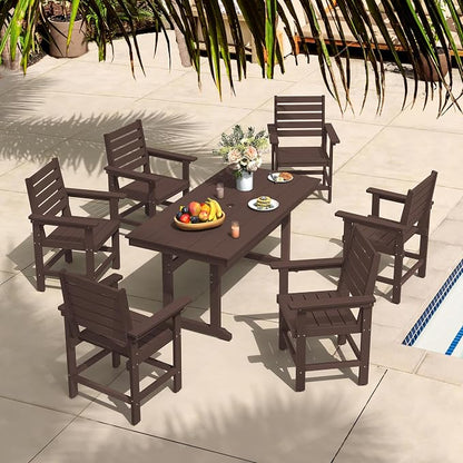 7 Piece Patio Dining Set, 66" Rectangle HDPS Weather Resistant Outdoor Table & 6 Patio Chairs Set with 1.96" Umbrella Hole, Heavy Duty Chairs for Backyard Deck, Dark Brown