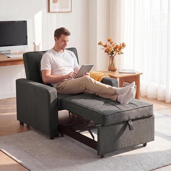 3-in-1 Convertible Sleeper Chair, Pull Out Single Sofa Bed with 3 Adjustable Backrest Angle & Pillow, Foldable Compact Reclining Sofa Bed for Small LivingRoom, Apartment, Home Office, Gray