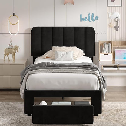 VECELO Twin Size Upholstered Bed Frame with Drawer and Headboard, Velvet Platform Storage Bedframe, Wooden Slats Support, No Box Spring Needed,Black