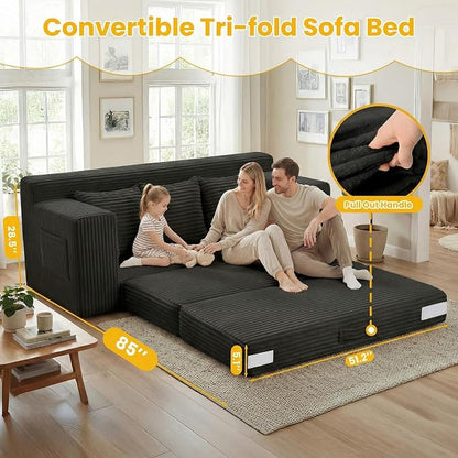 Boneless Couch,3 Seater Boneless Couch Bed – 3-in-1 Convertible Sleeper Sofa with Side Pockets & Handle,Pull Out Corduroy Futon for Small Space,Living Room & Bedroom,3 Pillows Included,No Assembly