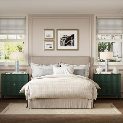 RoyalCraft 32" Large Nightstand Set of 2, Fluted Painted Bedside Table with 3 Spacious Drawers, Modern Tall End Table for Bedroom, Dark Green