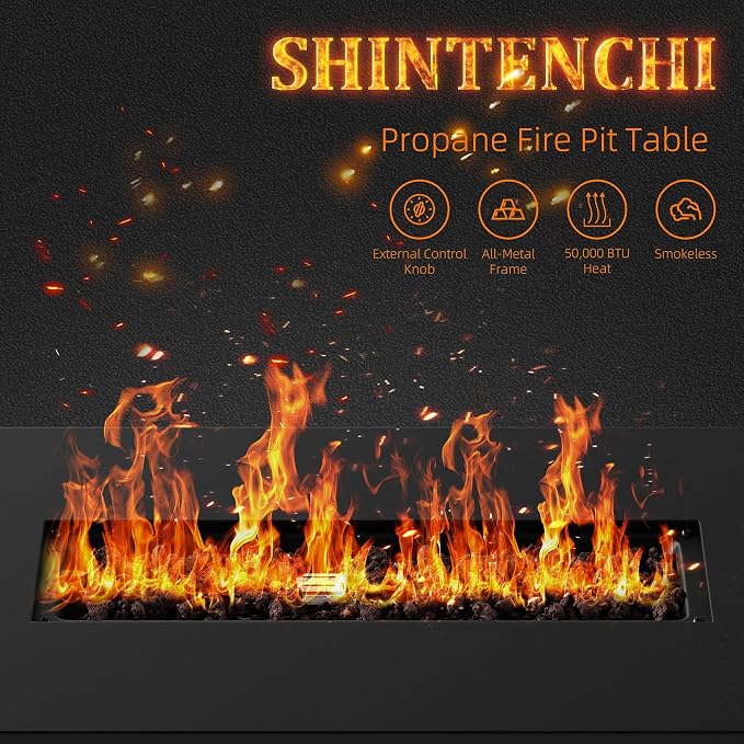 Shintenchi 43" Propane Fire Pit Table,50,000 BTU Rectangular Gas Fire Pit Table,CSA-Certified Steel 2-in-1 Multi-Use Propane Gas FirePits with Lid and Lava Rocks for Patio Garden Yard,Black