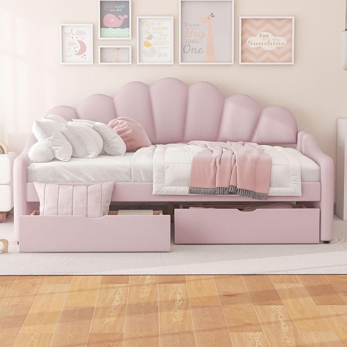 Ball & Cast Full Size Daybed with Two Storage Drawers,Velvet Upholstered Day Bed Frame Full with Shall Shaped Backrest and Wood Slat Support,No Box Spring Needed,Pink
