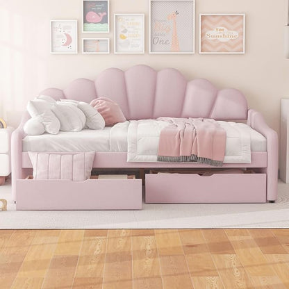 Ball & Cast Full Size Daybed with Two Storage Drawers,Velvet Upholstered Day Bed Frame Full with Shall Shaped Backrest and Wood Slat Support,No Box Spring Needed,Pink