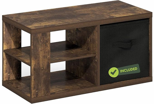 Furinno Viola Coffee Table, 3-Tier Modern Center Table with 1.2 Thick Tabletop, Side Table with Open Shelf and Storage Bin, for Living Room, Bedroom, Home Office, Amber Pine