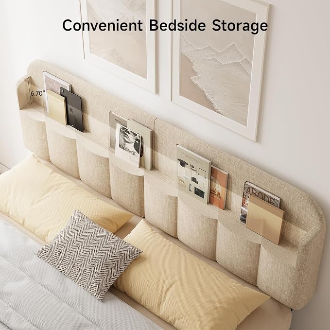 Headboard for King/California King Size Bed, Upholstered Bed HeadBoard with Storage, Linen Fabric Head Board with Vertical Channel Design, Height Adjustable, Easy to Assemble, Beige