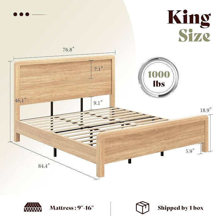 AMERLIFE 3-Piece Modern Fluted Bedroom Furniture Set, Including Wood King Size Bed Frame with Headboard & Footboard and Storage Night Stand Set of 2, Wooden Bedframe and Nightstand Sets, Natural Oak
