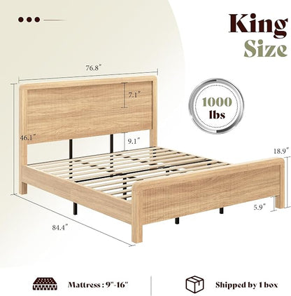 AMERLIFE 3-Piece Modern Fluted Bedroom Furniture Set, Including Wood King Size Bed Frame with Headboard & Footboard and Storage Night Stand Set of 2, Wooden Bedframe and Nightstand Sets, Natural Oak
