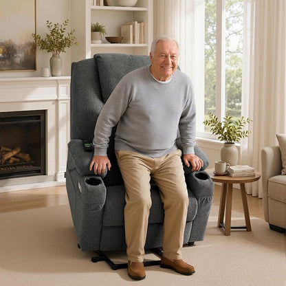 MCombo Power Lift Recliner Chair for Elderly R7045(Grey, Medium-Wide) | Heat and Massage, Breathable Fabric, USB& Type C Charging Port, FSC Certified