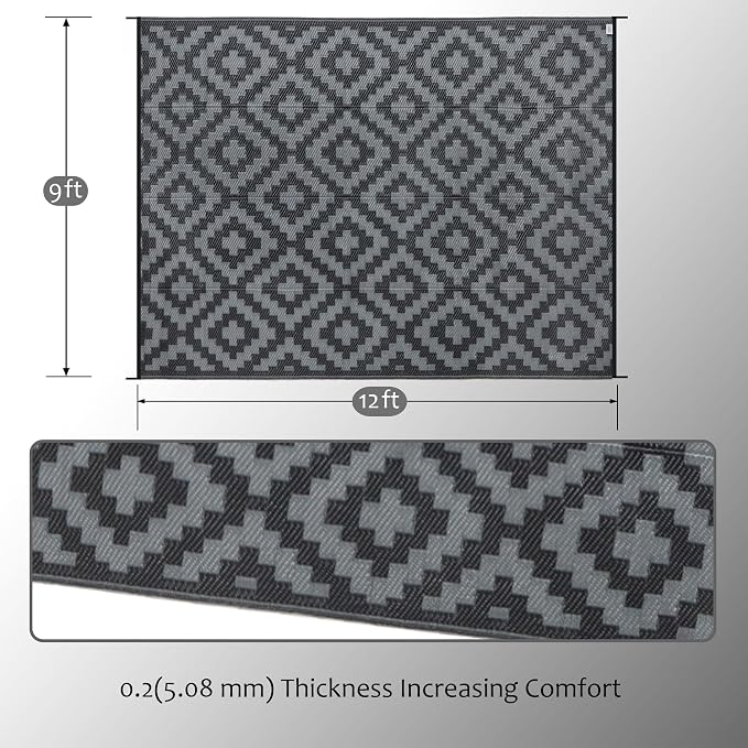 SAND MINE Waterproof Outdoor Rug 9x12 ft, Plastic Reversible Rug, Modern Area Rug, Large Floor Mat for Outdoors, RV, Patio, Backyard, Deck, Picnic, Beach, Camping, Black Grey Lattice