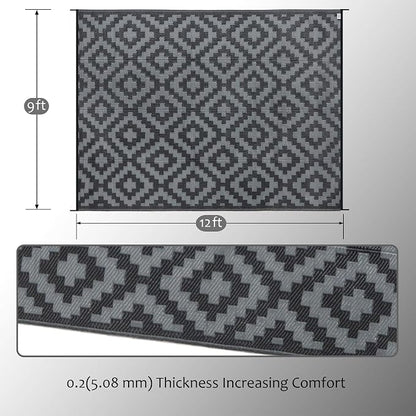 SAND MINE Waterproof Outdoor Rug 9x12 ft, Plastic Reversible Rug, Modern Area Rug, Large Floor Mat for Outdoors, RV, Patio, Backyard, Deck, Picnic, Beach, Camping, Black Grey Lattice
