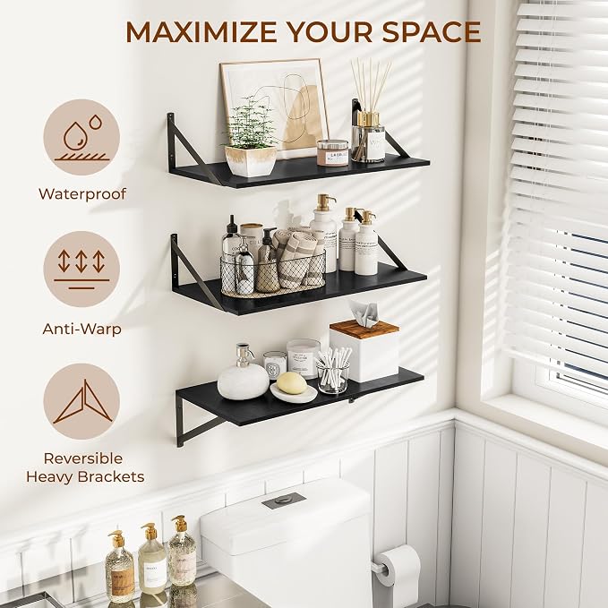 Heimlove Deep Floating Shelves for Wall, Wood Wall, Wide Floating Bookshelf for Living Room, Kitchen, Office, Bedroom and Decor Storage,Black with Metal Bracket, 24wx12dx5.8h, 3Shelves
