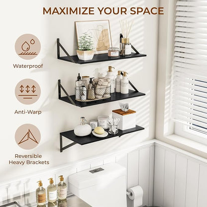 Heimlove Deep Floating Shelves for Wall, Wood Wall, Wide Floating Bookshelf for Living Room, Kitchen, Office, Bedroom and Decor Storage,Black with Metal Bracket, 24wx12dx5.8h, 3Shelves