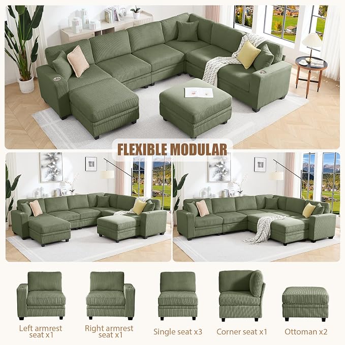 127" Modular Sectional Sofa with Storage, Corduroy 8-Seater V-Shaped Sofa with Ottoman Chaise, Convertible L-Shaped U-Shaped Cloud Sectional Couches for Living Room, Apartment