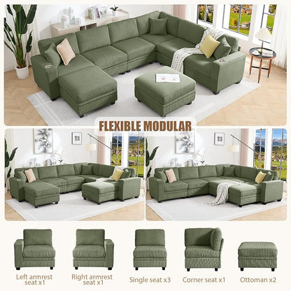 127" Modular Sectional Sofa with Storage, Corduroy 8-Seater V-Shaped Sofa with Ottoman Chaise, Convertible L-Shaped U-Shaped Cloud Sectional Couches for Living Room, Apartment