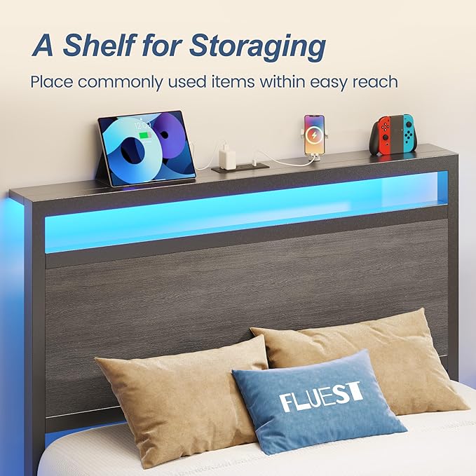 Fluest Twin Bed Frame,Twin Bed Frame with Storage Headboard & Storage Drawer, Charging Station & LED Light, No Box Spring Needed, Noise Free, Easy Assembly, Rustic Grey