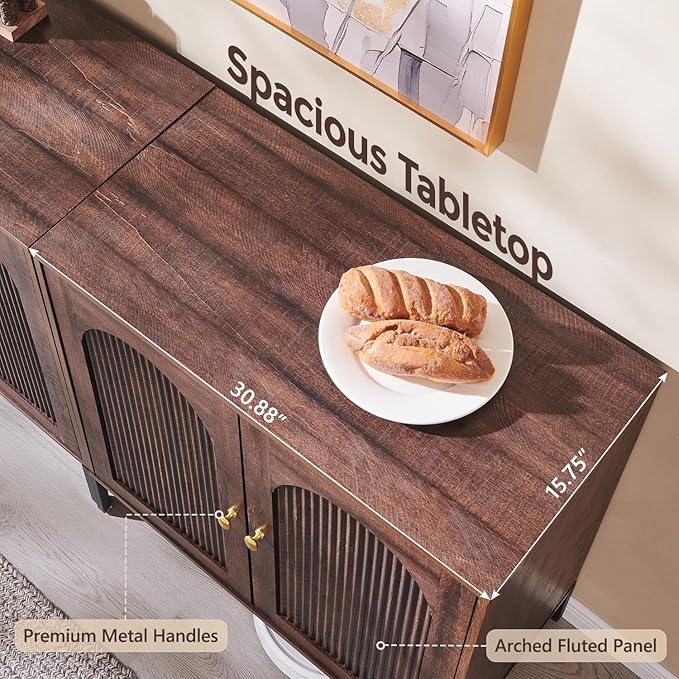 IFGET Modern Buffet Cabinet with Storage, 34" Tall Fluted Arched Sideboard Cabinet w/Adjustable Shelves, Wooden Modular Coffee Bar for Dining Room, Kitchen, Living Room, Entryway, Brown
