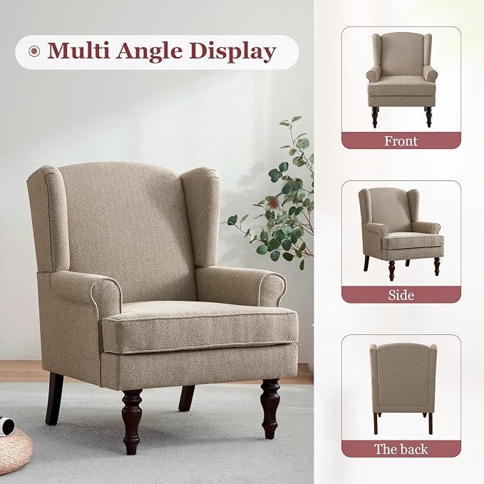 HUIMO Printed Wingback Accent Chair, Linen Upholstered High Back Armchair, Comfy Reading Chair for Living Room Bedroom Study, 300lbs Weight Capacity (2, Brown with Lines)