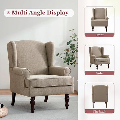 HUIMO Printed Wingback Accent Chair, Linen Upholstered High Back Armchair, Comfy Reading Chair for Living Room Bedroom Study, 300lbs Weight Capacity (2, Brown with Lines)
