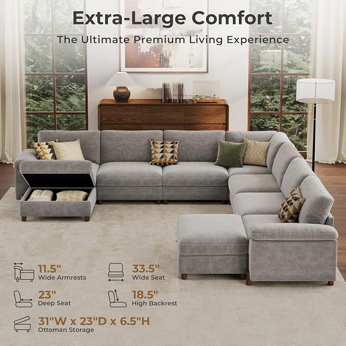 SITJOY Large Cloud Couch, 138" Wide 7 Seater V Shape, Light Gray Chenille | Detachable and Washable Chenille Cover Sectional Sofas for Living Room, Deep Seat Wide Couch with Chaise, Storage Ottoman