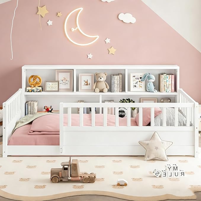 Bellemave Kids Montessori Floor Bed Twin Size,Floor Bed Frame with Bookcase and Fence for Kids Boys Girls,White