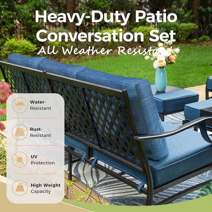 MIXPATIO Patio Couch Metal 3-Seat Outdoor Sofa Deep Seating Outdoor Furniture Peacock Blue Cushion for Front Porch, Deck, Balcony, Backyard, Sunroom