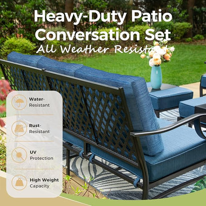 MIXPATIO Patio Couch Metal 3-Seat Outdoor Sofa Deep Seating Outdoor Furniture Peacock Blue Cushion for Front Porch, Deck, Balcony, Backyard, Sunroom
