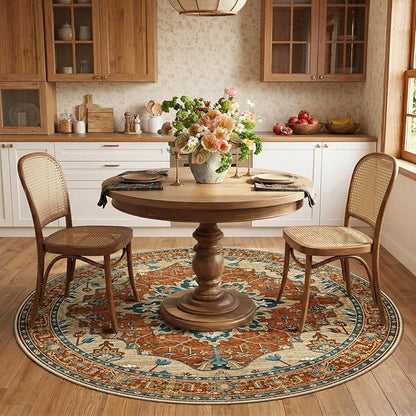 RELEANY Area Rugs Round 6ft Washable Non-Slip, Floral Vintage Distress Medallion Carpet for Living Room Bedroom Dining Room, Red Orange Blue Brown
