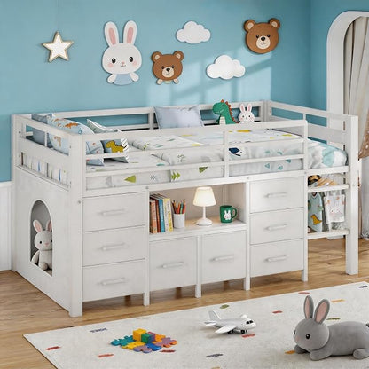 Einhomn Twin Low Loft Bed with 8 Drawers, Bookshelf, Heavy Duty Metal Kids Loft Bed with 13 Inch Safety Guardrail, Play Curtain, Under-Bed Play Area - White
