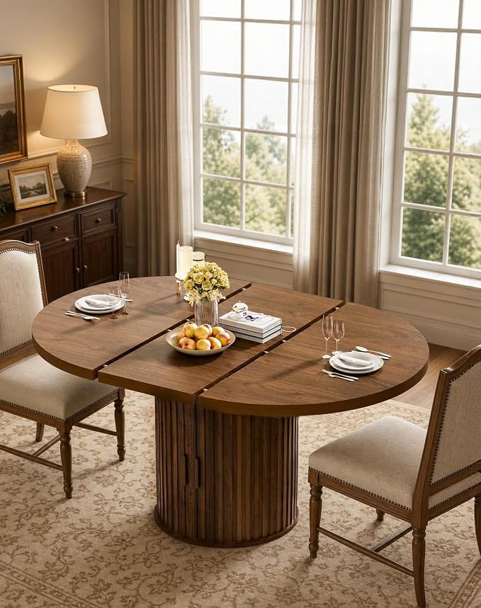 43"-59" Extendable Round Dining Table with Hidden Storage, Modern Wooden Kitchen Table with Fluted Sliding Door Cabinet, Oval Dining Table for Dining Room Living Room, Walnut