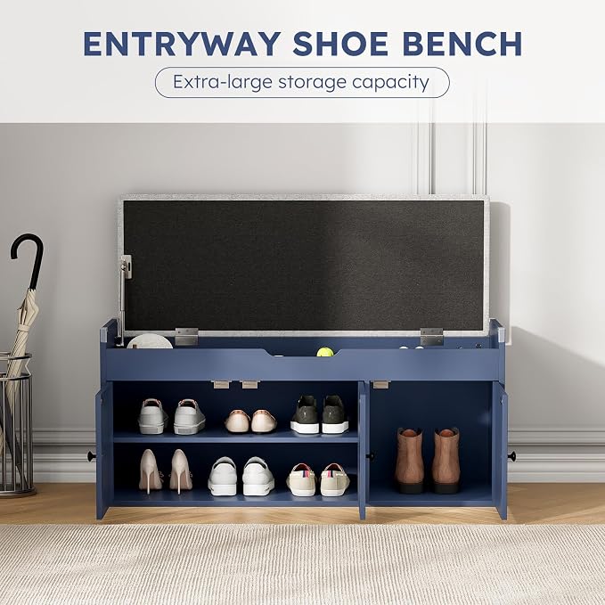 40" Storage Bench - Entryway Shoe Bench with 3 Doors and Top Storage Area, Multifunctional Entryway Bench with Lift Top Cushion, Shoe Storage Bench for Bedroom, Living Room, Navy Blue