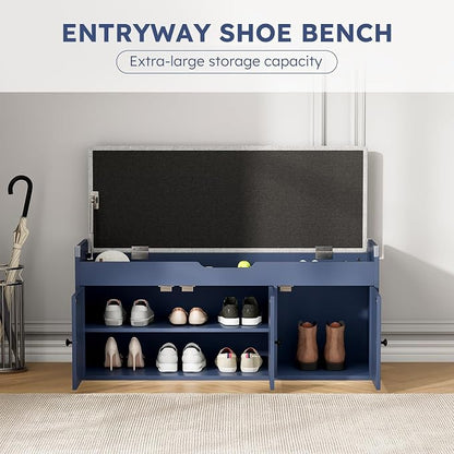 40" Storage Bench - Entryway Shoe Bench with 3 Doors and Top Storage Area, Multifunctional Entryway Bench with Lift Top Cushion, Shoe Storage Bench for Bedroom, Living Room, Navy Blue