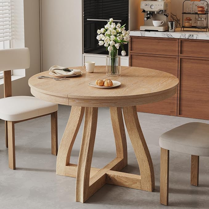 LUMISOL 42"-58" Extendable Round Dining Table for 4-6, Farmhouse Kitchen Table with 16” Middle Leaf and Curved Table Legs for Kitchen, Dining Room, Apartment, Natural Wood Wash