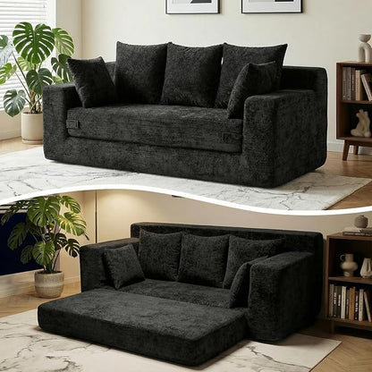 Boneless Couches 70", 3 Seater Boneless Couch with Pull Out Sofa Bed, Black Boneless Couch with 5 Pillows, Plush Velvet Sofa for Living Room & Bedroom