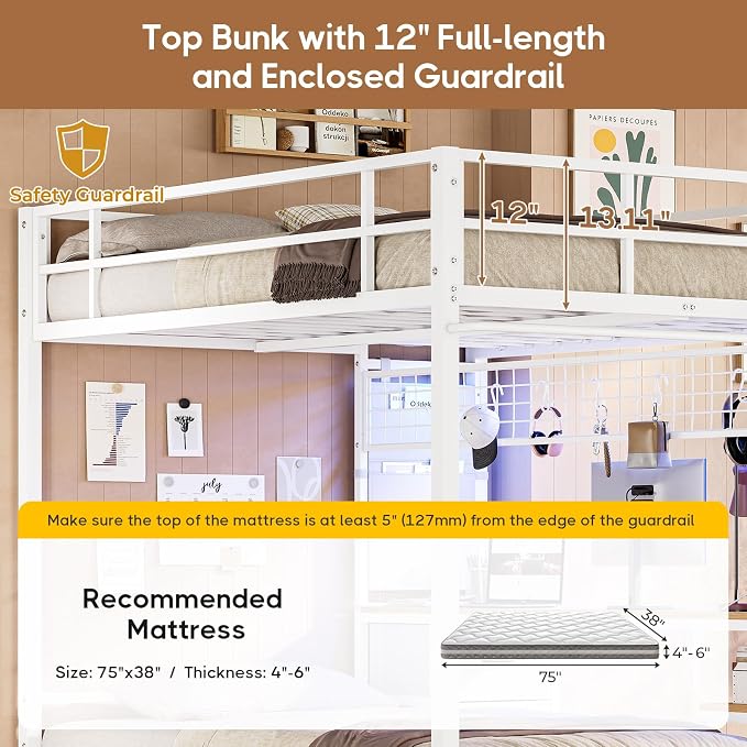 DICTAC Bunk Bed Full Over Twin with Desk and Led Lights Metal Full Over Twin Size Bunk Bed with Charging Station,Storage Shelves and Drawer,Bunk Beds for Teen/Adult with Safety Guard & Ladder,White