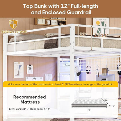 DICTAC Bunk Bed Full Over Twin with Desk and Led Lights Metal Full Over Twin Size Bunk Bed with Charging Station,Storage Shelves and Drawer,Bunk Beds for Teen/Adult with Safety Guard & Ladder,White