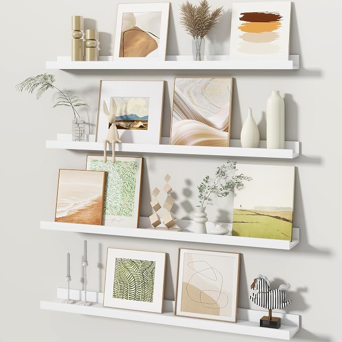 Fun Memories Picture Ledge Shelves Set of 4, 32 Inch Rustic Wall Mounted Floating Shelves with Lip for Home Storage and Décor in Bathroom, Kitchen, Nursery, Bedroom, Living Room, White