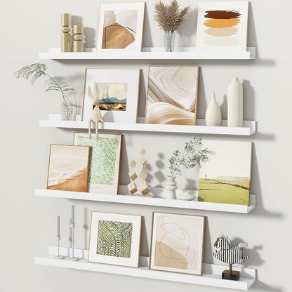 Fun Memories Picture Ledge Shelves Set of 4, 32 Inch Rustic Wall Mounted Floating Shelves with Lip for Home Storage and Décor in Bathroom, Kitchen, Nursery, Bedroom, Living Room, White
