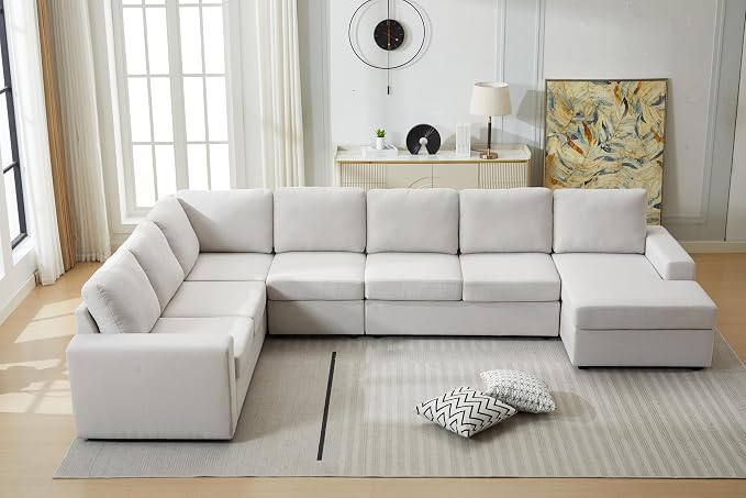 Ball & Cast 147" L-Shaped Sectional Couch for Living Room with Reversible Chaise & Removable Back Cushions,7 Seat Linen Upholstered Convertible Sectional Sofa Set,DIY Combination,for Home,Office,Beige