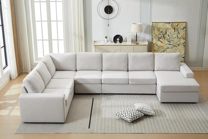 Ball & Cast 147" L-Shaped Sectional Couch for Living Room with Reversible Chaise & Removable Back Cushions,7 Seat Linen Upholstered Convertible Sectional Sofa Set,DIY Combination,for Home,Office,Beige