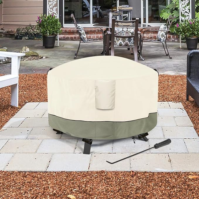 Fire Pit Cover,Outdoor Heavy Duty 600D 100% Waterproof Fire Pit Cover Round,Weatherproof Firepit Covers Round 44" Dia x 24" H,Beige