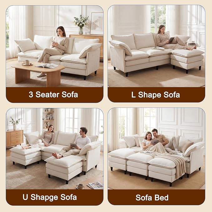 3 Seater U-Shape Couch Sofa with Ottomans, 69" Small Couch Modern Comfy Cloud Sofa with 23" Deep Washable Pillow ChenilleCover Couches for Living Room Bedroom Apartment Office 69-Beige-U