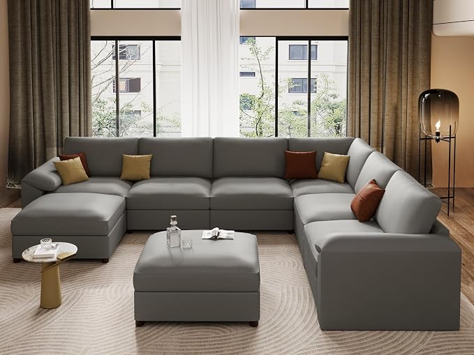 EASE MOOSE Faux Leather Sectional Couch, Oversized Modular Sofa, Modern Comfy Modular Couch, Scratch Resistant Material Sofas, U Shaped Couch for Big Spaces, Grey