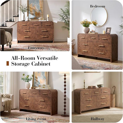 Curved 7 Drawer Dresser for Bedroom, 53.82'' Wide Chest of Drawers, Modern Storage Cabinet for Hallway & Living Room TV Stand, FSC Certified 1.18" Thick Board, 100 lbs Top Weight, Dark Burl
