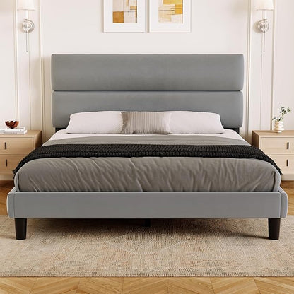 GRUSIGN Queen Size Platform Bed Frame with Velvet Headboard, Adjustable Height Wooden Slats Support, Upholstered Mattress Foundation, Fits Mattress or Mattress with Box Spring, Easy Assembly, Grey