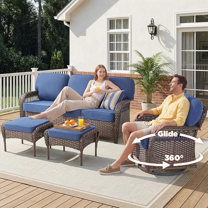 Belord Luxury Patio Furniture Set with 5-inch Thick Cushion, Outdoor Couch,Ottoman and High Back Swivel Rocker Patio Chairs, 8PCS Wicker Conversation Set for Deck Yard and Poolside,Blue